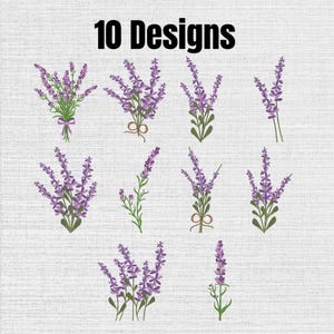 May include: A digital collection of 10 Designs featuring various lavender illustrations. Each graphic displays purple lavender flowers with green stems and leaves, some tied with small brown or purple bows, arranged on a light textured background.