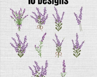 Puede incluir: Una colección digital de 10 Designs que presenta varias ilustraciones de lavanda. Cada gráfico muestra flores de lavanda de color púrpura con tallos y hojas verdes, algunas atadas con pequeños lazos marrones o púrpuras.