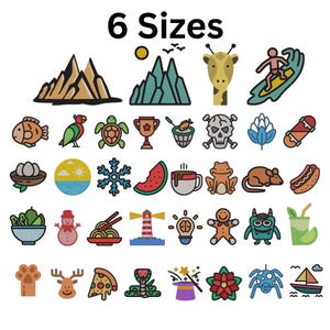 May include: A selection of vibrant, cartoon illustrations featuring a mountain range, giraffe, surfer, fish, parrot, turtle, trophy, skull, snowflake, watermelon, coffee cup, frog, hot dog, snowman, lighthouse, gingerbread man, and more. The text "6 Sizes" is at the top.
