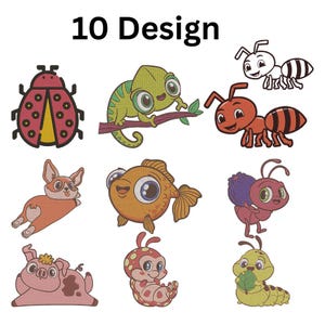 May include: A collection of ten embroidered animal designs, including a ladybug, chameleon, ants, fox, fish, and more. The designs are colorful and cartoon-like, perfect for children's crafts. The text "10 Design" is at the top.