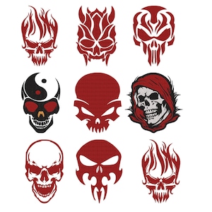 Puede incluir: Nueve diseños de calaveras estilizadas en rojo y negro. Las calaveras varían en estilo, algunas con llamas, otras con patrones intrincados y una con un símbolo de yin-yang. Los diseños son adecuados para tatuajes o arte gráfico.