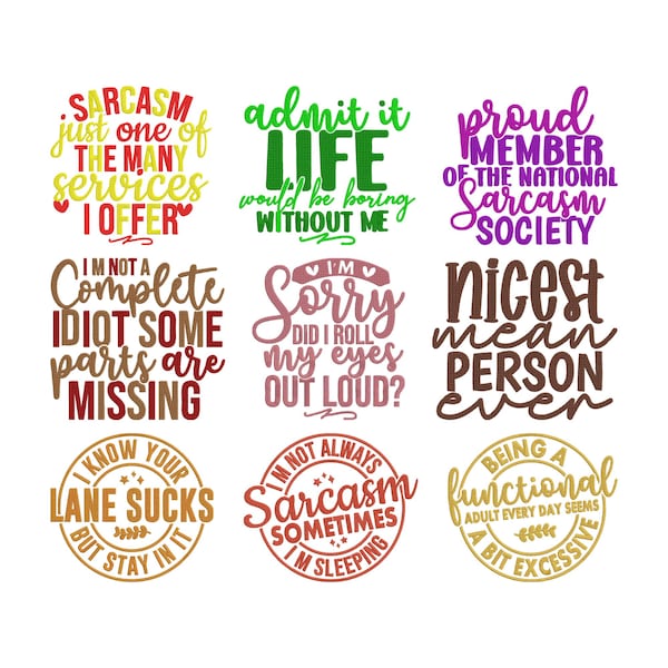 Paquete de bordado a máquina con frases sarcásticas, conjunto de 9 frases divertidas para descarga instantánea.
