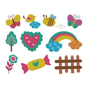 May include: A collection of colorful, cartoon-style illustrations featuring a variety of spring and summer themed elements. Includes butterflies, a bird, a bee, a tree, a heart, a rainbow, a flower, a candy, and a fence.