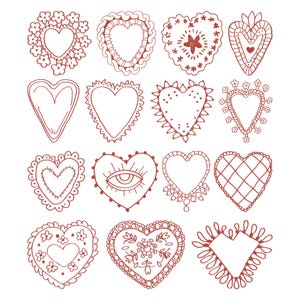 Può includere: Una collezione di 15 illustrazioni di cuori disegnati a mano in un colore marrone-rossastro. Ogni cuore presenta elementi decorativi unici, tra cui motivi floreali, bordi simili a pizzo e disegni geometrici. Disposti su sfondo bianco.