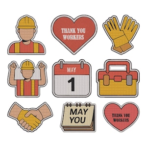 Thank You Workers Embroidery Design, Labor Worker Construction Safety Tool Machine Embroidery File, 9 Design, 7 Size, Instant Download