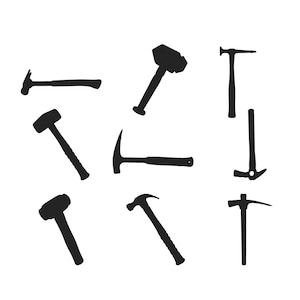 May include: A collection of black hammer silhouettes on a white background. The hammers vary in size and style, including claw hammers, sledgehammers, and a pick hammer. The tools are arranged in a scattered pattern.