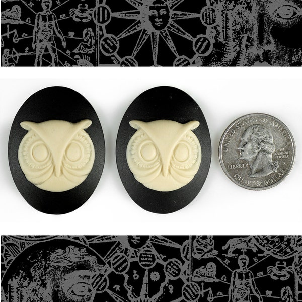 Owl Face Cameos Black and Ivory 30mm x 40mm Resin Cameos - Set of Two - CAM131