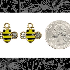 May include: Two gold-tone bee charms with black and yellow enamel and clear rhinestones. The charms are approximately the size of a US quarter.