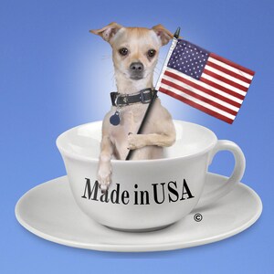 May include: A small, tan chihuahua dog sits in a white teacup with a saucer. The dog is holding a small American flag. The teacup has the words "Made in USA" printed on the side.