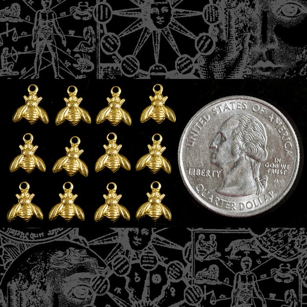 Itty Bitty Raw Brass  Bee Charms with Ring Set of Twelve  * B-C101