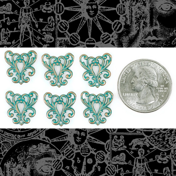 Verdigris Finished Brass Ornate Filigree Heart Connectors - Set of Six - V-3C04