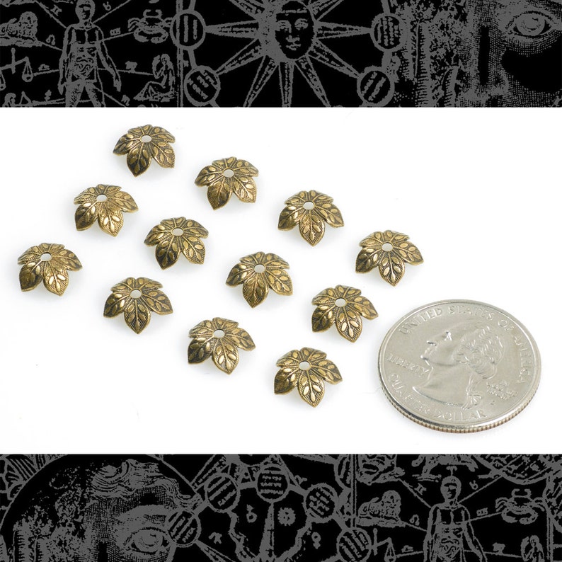 Antique Brass 8mm Floral Five Leaf Leafy Brass Bead Caps Set of 12 XXX AB-BC10 image 1