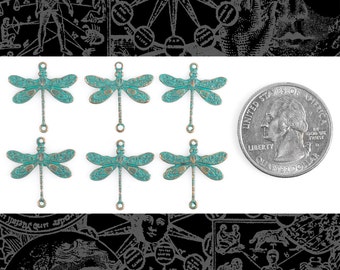 Verdigris Finished Brass Smaller Ornate Dragonfly Two Ring Connectors - Set of Six - V-2C12