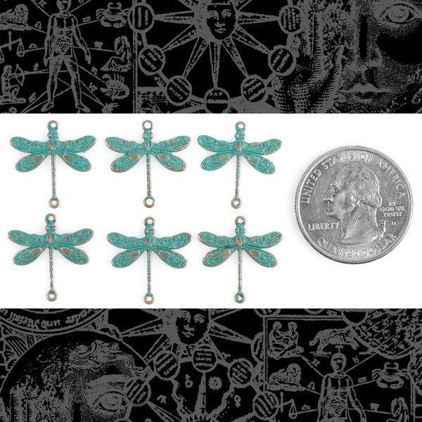 Verdigris Finished Brass Smaller Ornate Dragonfly Two Ring Connectors - Set of Six - V-2C12