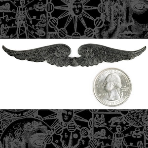 Puede incluir: Adorno metálico gris oscuro detallado en forma de alas, con intrincados detalles de plumas. Una moneda de 25 centavos estadounidense junto a él para comparar el tamaño. El fondo presenta una ilustración en blanco y negro.