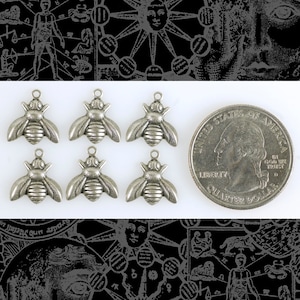 May include: Six silver-colored bee charms with detailed wings and body segments. Each charm has a small loop at the top for attaching to jewelry. A US quarter is next to the charms for size comparison.