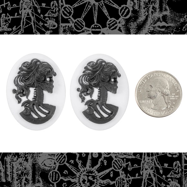 Camafeos de resina Lolita con perfil de esqueleto en blanco y negro de 30 mm x 40 mm (juego de dos) - CAM239