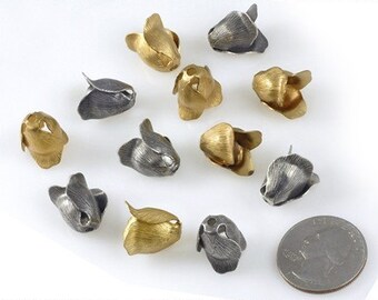 Six Silver plated and Six Golden Raw Brass Rosebuds Charms Pendants - M-BC03