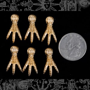 May include: Six gold-colored metal claw feet, each with three toes, arranged in two rows of three. The claws are about the size of a US quarter.