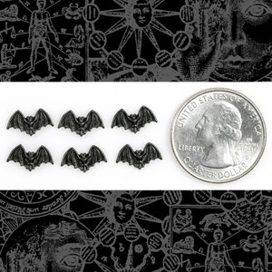 May include: Six black metal bat charms, each about the size of a US quarter. The charms are shaped like bats with outstretched wings.
