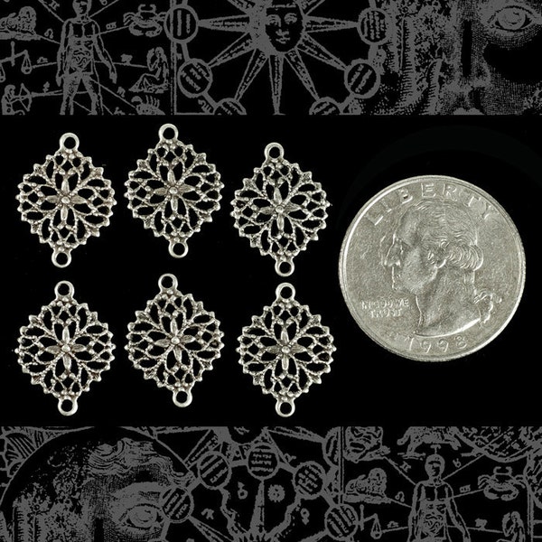 Six Silver Plated Brass Round Filigree Two Ring Connectors  * S-2C25