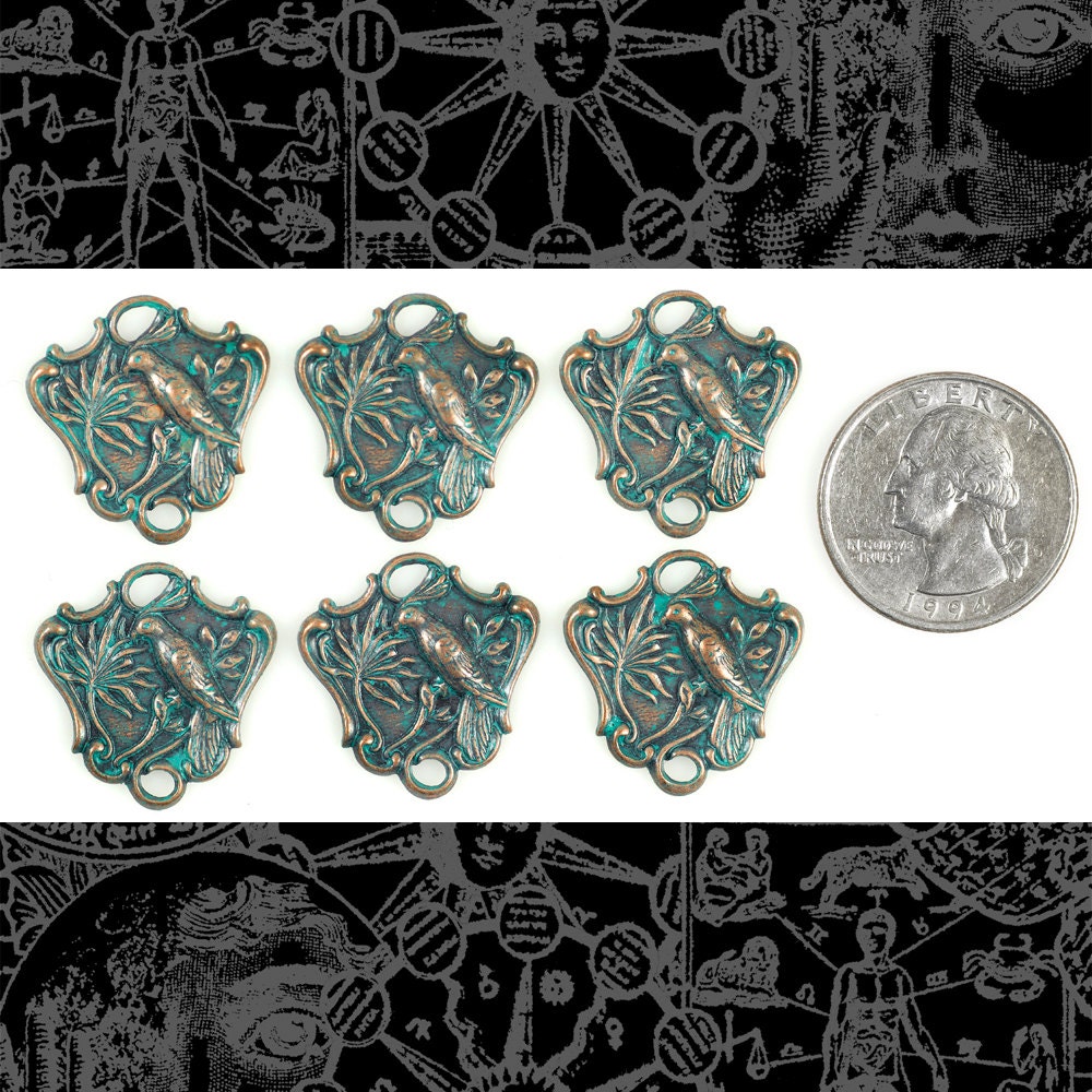 Copper Plated Brass with Aqua Wash Verdigris Embossed Bird Shield Connectors - Set of Six - XXX -         *V-2C33