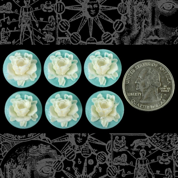 Six Round Turquoise and Off White Rose Resin 3D Style Cameos 17mm  * CAM94