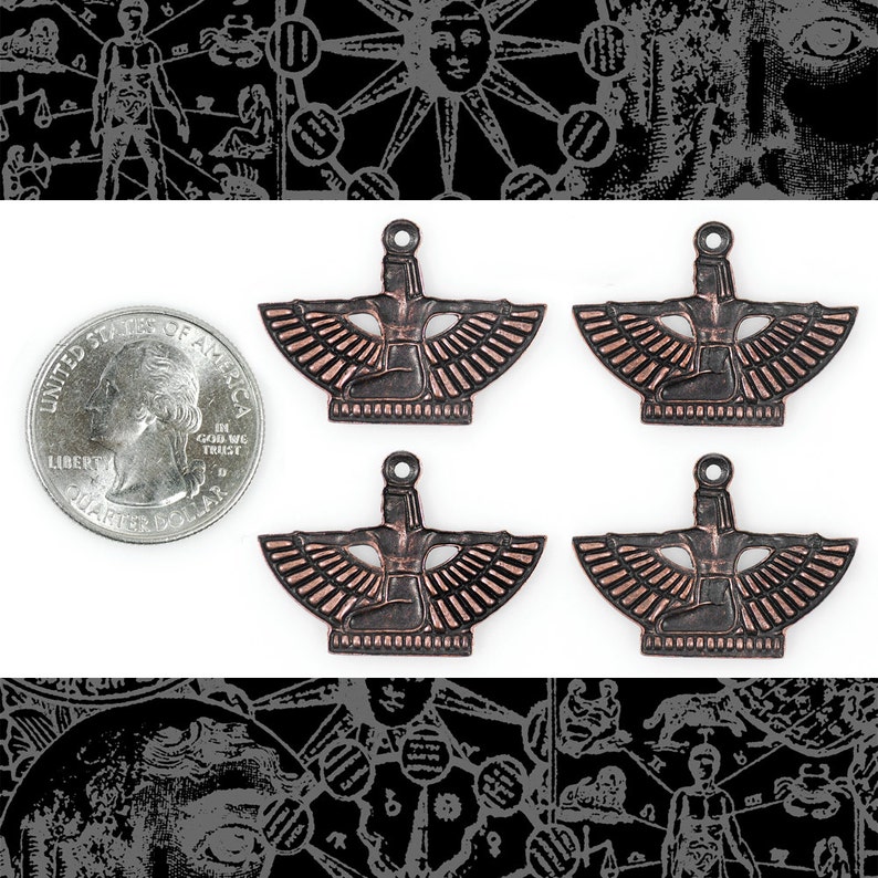 May include: Four antique copper-toned pendants featuring a winged goddess figure with outstretched arms. The pendants are approximately the size of a US quarter.