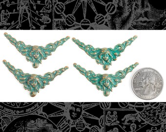 Verdigris Finished Brass Woman with Flowing Hair Vintage Art Deco Corners or Connectors - Set of Four - V-2C54