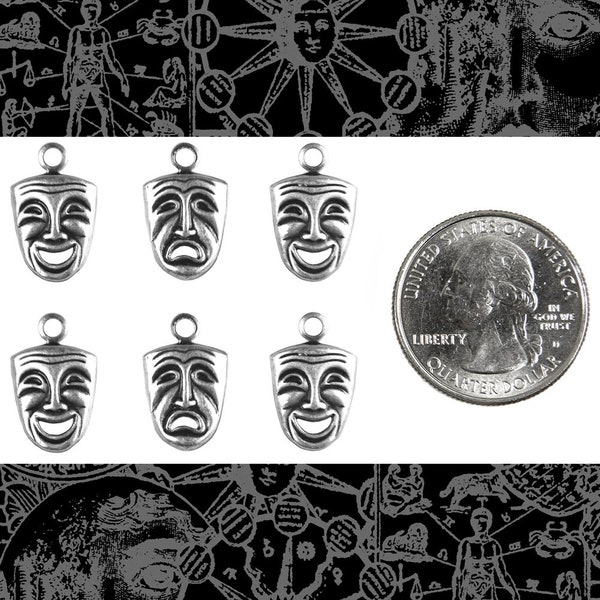 Antique Silver Plated Brass Drama Mask Charms Set of Six Three Happy Three Sad * S-C182