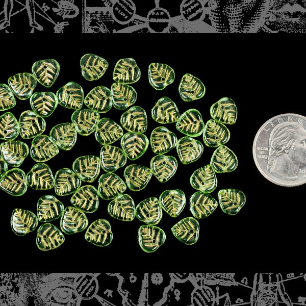 10mm Peridot Green Heart Leaf Beads with Gold Veins, apx 50 beads    *Bead-LB7