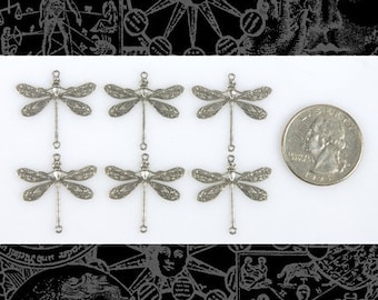 Antiqued Silver Plated Brass Medium Ornate Dragonfly Two Ring Connectors - Set of Six *S-2C13