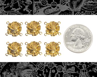 Raw Brass Four Ring Rose Connectors - Set of Six - B-4C09