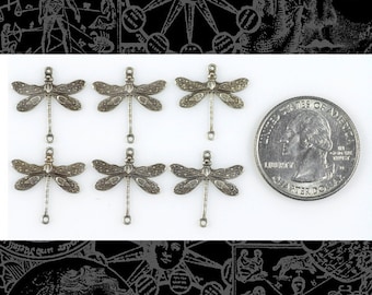Antiqued Silver Plated Brass Smaller Ornate Dragonfly Two Ring Connectors - Set of Six - S-2C12