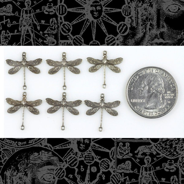 Antiqued Silver Plated Brass Smaller Ornate Dragonfly Two Ring Connectors - Set of Six - S-2C12