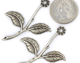 Antiqued Silver Plated Brass Floral Sprig Pendant Stamping - Set of Two - XXX - *S-P27