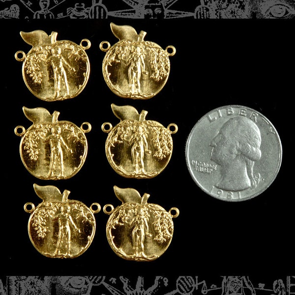 Raw Brass Vintage Adam and Eve in Apple Stampings Connectors Pendants - Set of Six - B-2C31
