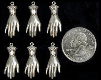Antiqued Silver Plated Brass Hand Charms with Ring on Wrist - Set of Six - S-C157