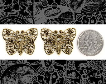 Antiqued Brass Filigree Butterfly Pendant with Center Hole for Rivet - Set of Two - AB-P110