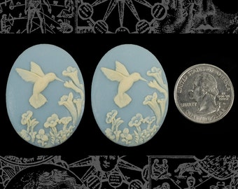 Hummingbird - Cream and Wedgwood Blue 30mm x 40mm Resin Cameos, Set of Two - XXX - *CAM110