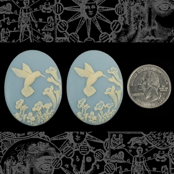 Hummingbird - Cream and Wedgwood Blue 30mm x 40mm Resin Cameos - Set of Two - CAM110