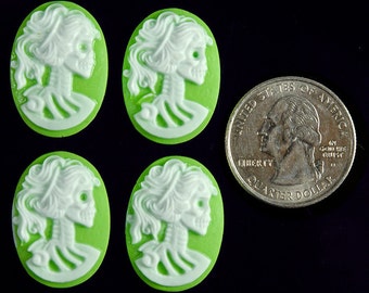 Lime Green and White Skeletal Profile 24mm x 18mm Resin Cameos - Set of Six - CAM69