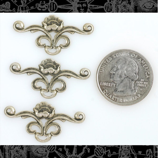 Conectores de tres vías con diseño Art Déco de latón plateado envejecido con forma de loto - Juego de tres - S-3C06