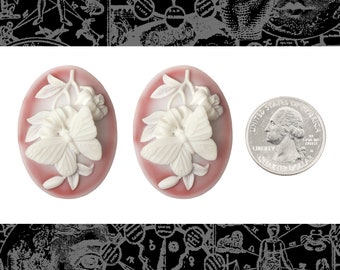 Two Ruby and White Butterfly and Flower Cameos 30x40mm Cameos     * CAM312