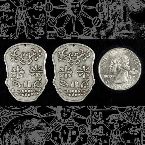 Antiqued Silver Plated Brass Skull Day of the Dead Sugar Skull Pendants - Set of Two - S-P85