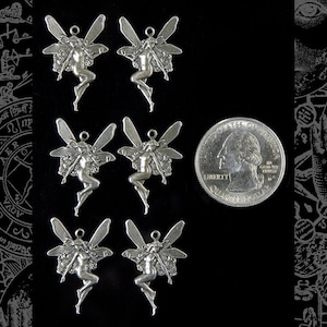 May include: Six silver-toned fairy charms with wings and flowing hair. The charms are approximately the size of a US quarter.