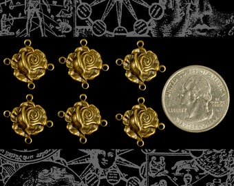 Antiqued Brass Four Ring Rose Connectors - Set of Six - AB-4C09