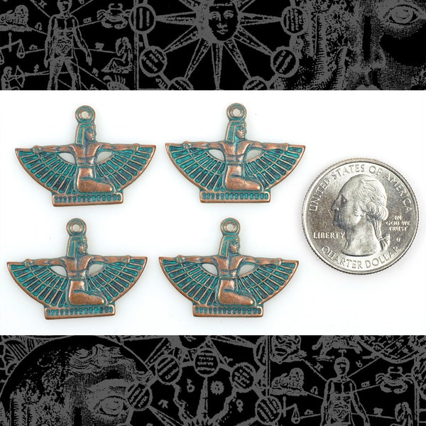 Four Copper Plated Brass with Aqua Finish Mini Winged Egyptian Goddess Pendants or Charms * V-P57