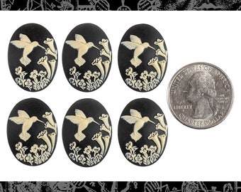 Black and Cream Hummingbird Cameos 25mm x 18mm, Set of Six - XXX - *CAM182