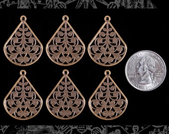 Antiqued Brass Filigree Teardrop Charms - Set of Six *AB-C137